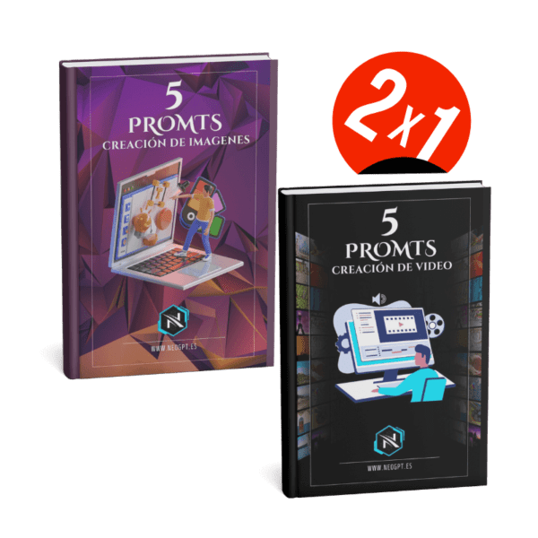 Imagen promocional del pack 2x1 con los libros “5 Prompts de Creación de Imágenes” y “5 Prompts de Creación de Video”.