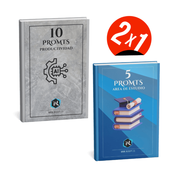 Imagen promocional del pack 2x1 con los libros “10 Prompts de Productividad” y “5 Prompts de Área de Estudio”.