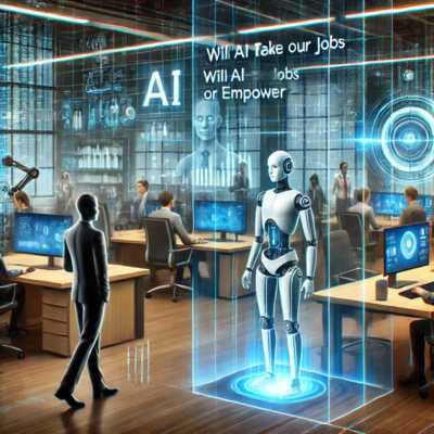 Ilustración futurista que muestra humanos y robots colaborando en un entorno laboral con inteligencia artificial y tecnología avanzada.