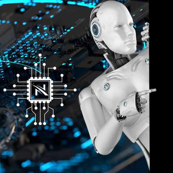 Robot futurista con tecnología de IA y chip digital de NeoGPT.